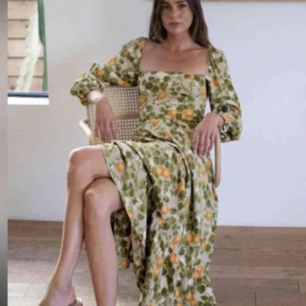 Reformation Green and Orange Long Sleeve Cowl Neck Sundress